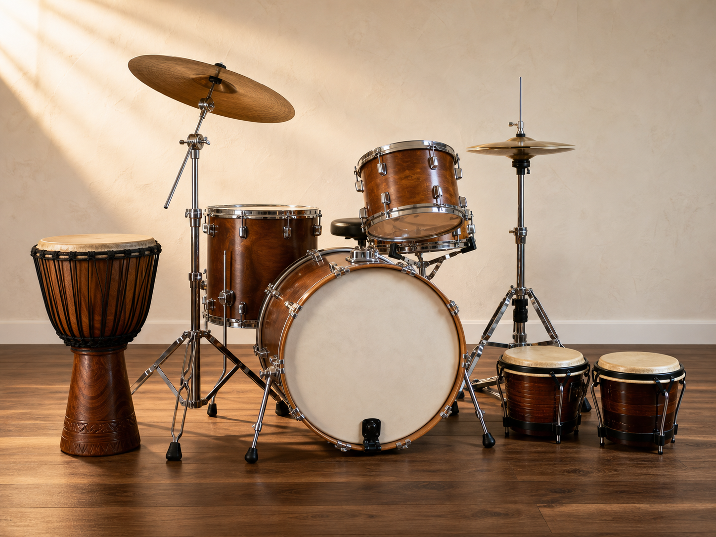 Batterie, djembé et percussions dans un studio