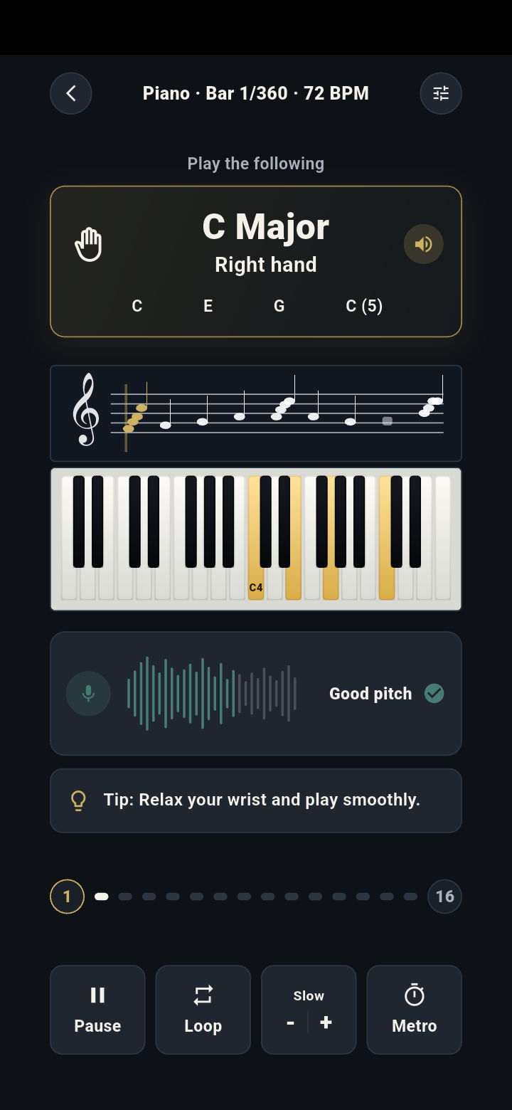 Écran réel d’un exercice de piano Intruzic avec partition, clavier et retour d’écoute