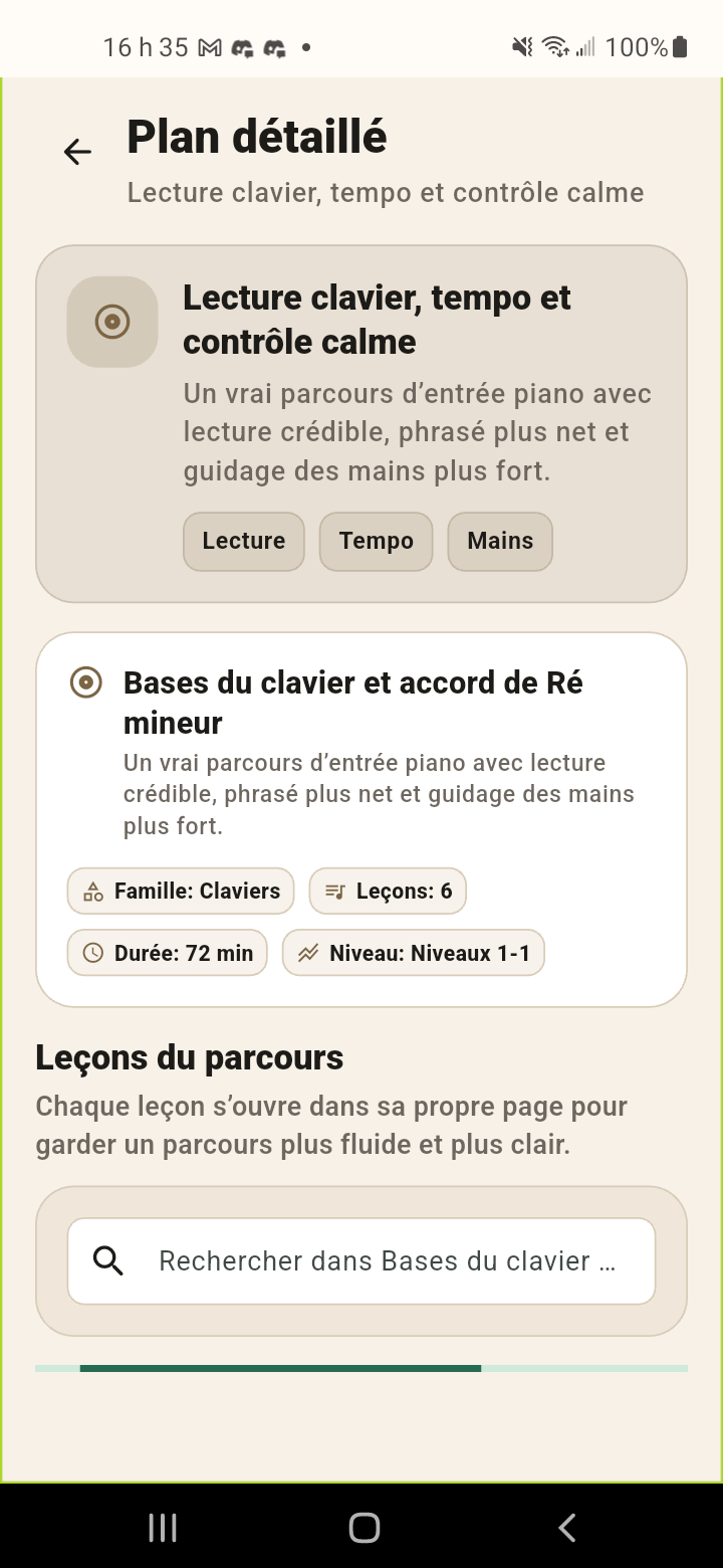 Plan détaillé réel du cours Bases du clavier et accord de Ré mineur dans Intruzic